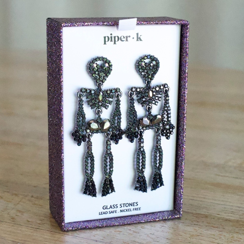 NEW Piper K Skeleton Drop Earrings Rhinestone Gunmetal Halloween Goth Statement